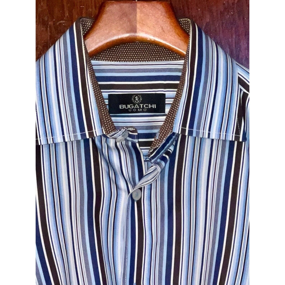 BUGATCHI SHIRT BLUE BROWN WHITE STRIPED COTTON LONG SLEEVE FLIP CUFFS LARGE L